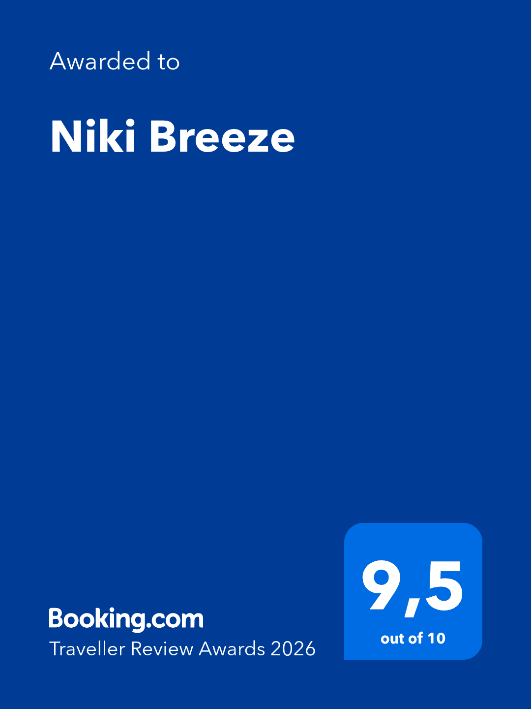 Βραβείο Booking.com Traveller Review Award 2026 για το Niki Breeze